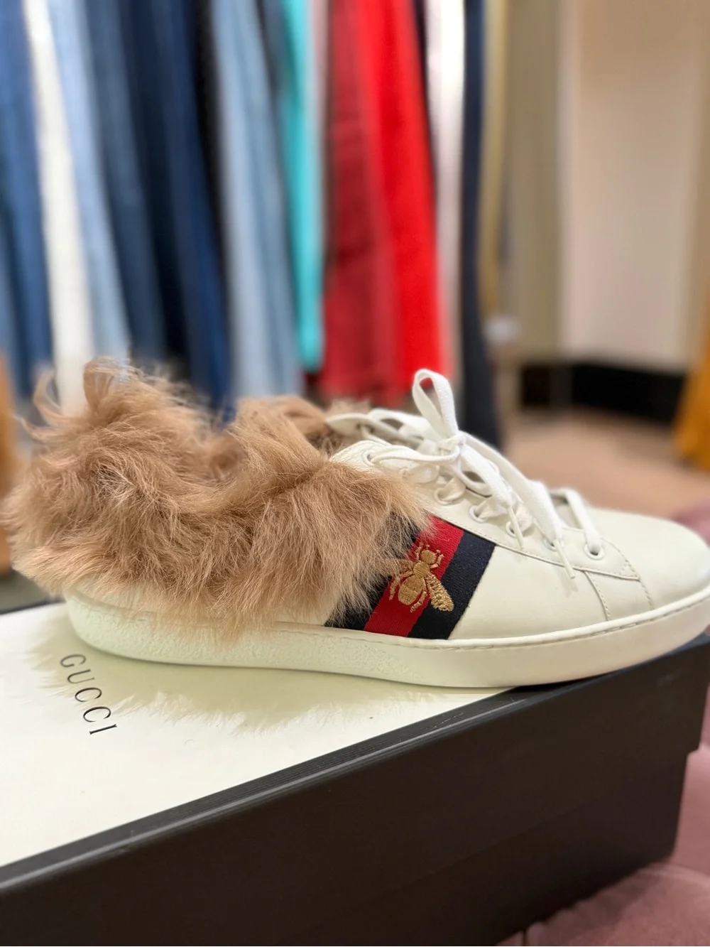Gucci White Leather Fur-Back Sneaker with Red & Blue Web and Gold Bee